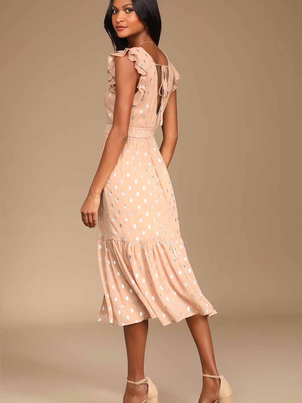 Lulu’s Cause to Celebrate Peach Pink Silver Ruffle Tiered Midi Dress NWT XL - Picture 4 of 16